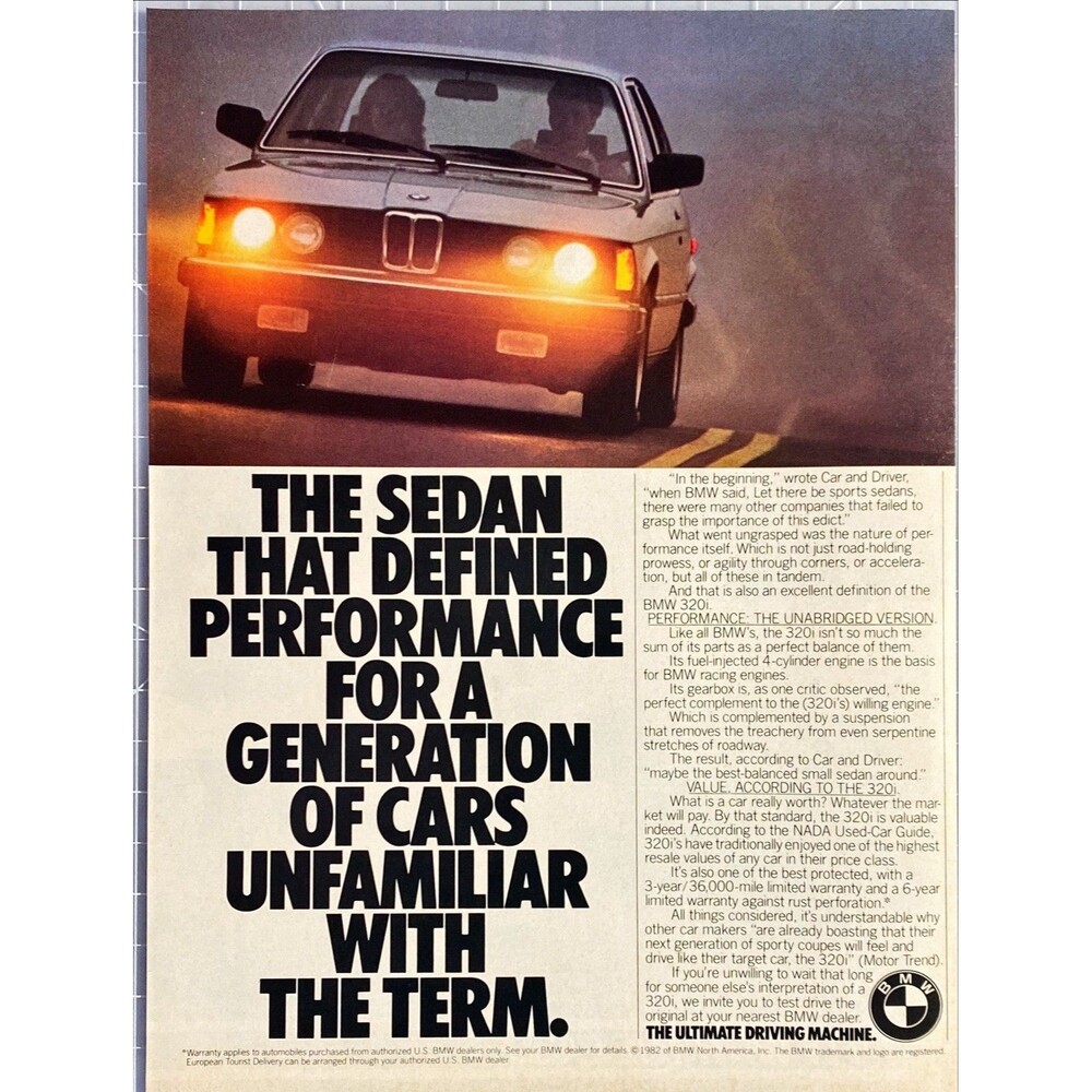 BMW 320i "The Sedan that Defined performance" Vintage Print Ad 1983